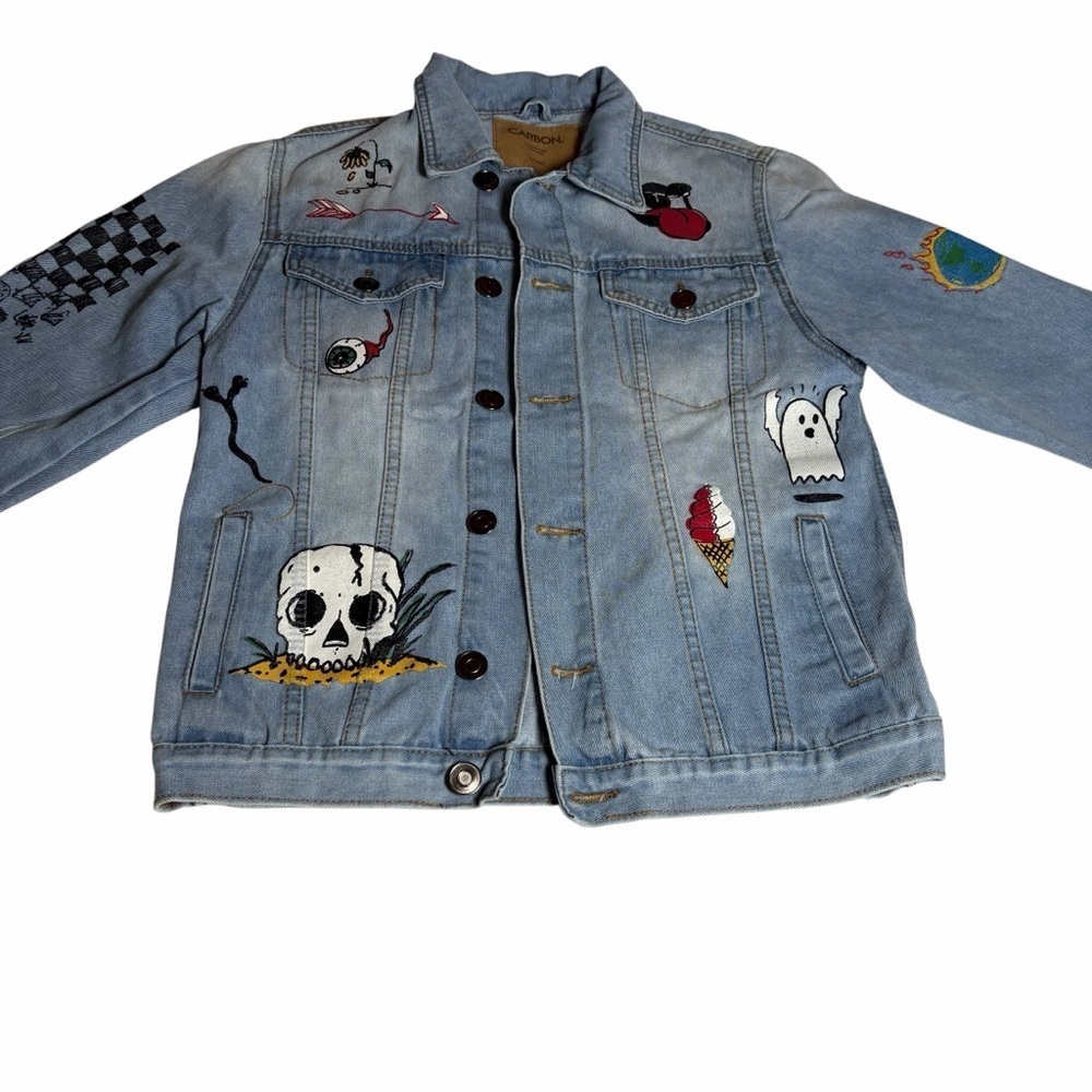 Carbon Screenprinted Graphic Denim Jacket | Light Wash | Size Small - Picture 2 of 14